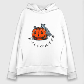 Женское худи Oversize хлопок с принтом Bat and pumpkin-still life в Рязани, френч-терри — 70% хлопок, 30% полиэстер. Мягкий теплый начес внутри —100% хлопок | боковые карманы, эластичные манжеты и нижняя кромка, капюшон на магнитной кнопке | helloween | день всех святых | летучая мышь | тыква | хеллуин