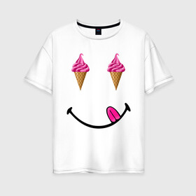 Женская футболка хлопок Oversize с принтом Мороженое в Рязани, 100% хлопок | свободный крой, круглый ворот, спущенный рукав, длина до линии бедер
 | brand | бренд | классика | летние | минимализм | модные | мордочка | мороженое | популярные иллюстрации | прикольные картинки | стиль | стильные | улыбка