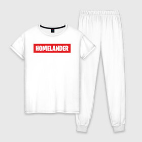Женская пижама хлопок с принтом HOMELANDER в Рязани, 100% хлопок | брюки и футболка прямого кроя, без карманов, на брюках мягкая резинка на поясе и по низу штанин | america | boys | homelander | superhero | the boys | usa | америка | патриот | пацаны | супергерой | сша | хоумландер | хоумлендер