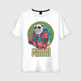 Женская футболка хлопок Oversize с принтом Кибер Панда в Рязани, 100% хлопок | свободный крой, круглый ворот, спущенный рукав, длина до линии бедер
 | art | bear | costume | cyber | drawing | jetpack | panda | planet | арт | кибер | костюм | медведь | панда | планета | реактивный ранец | рисунок