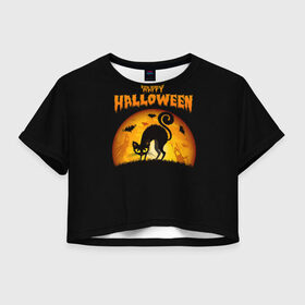 Женская футболка Crop-top 3D с принтом Helloween в Рязани, 100% полиэстер | круглая горловина, длина футболки до линии талии, рукава с отворотами | halloween | ведьма | летучая мышь | полнолуние | привидение | призрак | тыква | хеллоуин | хелуин | хэллоин | хэллоуин | хэлоуин | хэлуин | черный кот
