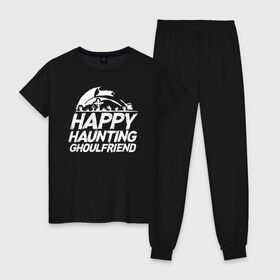 Женская пижама хлопок с принтом Happy Haunting Ghoulfriend в Рязани, 100% хлопок | брюки и футболка прямого кроя, без карманов, на брюках мягкая резинка на поясе и по низу штанин | 31 октября | halloween | halowen | ведьма | день всех святых | джек | костюм | кровь | лого | монстр | надпись | праздник | приведение | призрак | светильник | символ | страшная | тыква | ужасы | хеллоуин | хеллуин