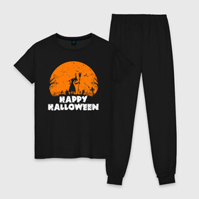 Женская пижама хлопок с принтом Happy Halloween в Рязани, 100% хлопок | брюки и футболка прямого кроя, без карманов, на брюках мягкая резинка на поясе и по низу штанин | 31 октября | halloween | halowen | ведьма | день всех святых | джек | костюм | кровь | лого | монстр | надпись | праздник | приведение | призрак | светильник | символ | страшная | тыква | ужасы | хеллоуин | хеллуин