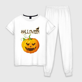 Женская пижама хлопок с принтом Pumpkin party 2 в Рязани, 100% хлопок | брюки и футболка прямого кроя, без карманов, на брюках мягкая резинка на поясе и по низу штанин | horror | страшный | ужасы | хеллоуин