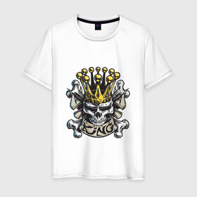 Мужская футболка хлопок с принтом Король в Рязани, 100% хлопок | прямой крой, круглый вырез горловины, длина до линии бедер, слегка спущенное плечо. | арт | белый | вектор | жёлтый | золотой | зубы | король | корона | кости | пират | рисунок | череп | чёрный