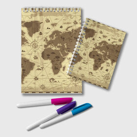 Блокнот с принтом Карта мира в Рязани, 100% бумага | 48 листов, плотность листов — 60 г/м2, плотность картонной обложки — 250 г/м2. Листы скреплены удобной пружинной спиралью. Цвет линий — светло-серый
 | Тематика изображения на принте: география | карта | карта мира | корабли | моряки