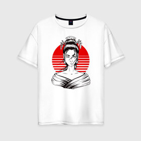 Женская футболка хлопок Oversize с принтом Гейша в Рязани, 100% хлопок | свободный крой, круглый ворот, спущенный рукав, длина до линии бедер
 | anime | art | beauty | geisha | japan | japanese | manga | trend | woman | аниме | арт | восходящее | дневник | дневники | женщина | иллюстрация | искусство | красное | красота | манга | мода | портрет | символ | солнце | страна