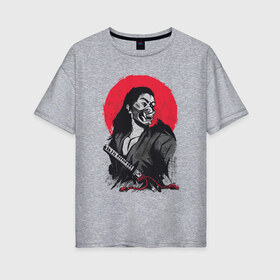 Женская футболка хлопок Oversize с принтом Японский Воин Самурай в Рязани, 100% хлопок | свободный крой, круглый ворот, спущенный рукав, длина до линии бедер
 | art | blade | blood | illustration | japan | japanese | katana | mask | moon | ronin | samurai | sekiro | shogun | sword | tsushima | warrior | арт | в маске | иллюстрация | катана | кровавая | луна | мерч | меч | отступник | ронин | сегун |
