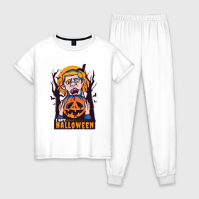 Женская пижама хлопок с принтом I hate halloween в Рязани, 100% хлопок | брюки и футболка прямого кроя, без карманов, на брюках мягкая резинка на поясе и по низу штанин | bat | bats | clerc | human | killer | pumpkin | vampire | zombie | вампир | вурдалак | зомби | интроверт | кладбище | клерк | летучие мыши | мерч | не наш праздник | ненавижу | ненависть | тыква | тыквенная голова | убил | хеллоуи