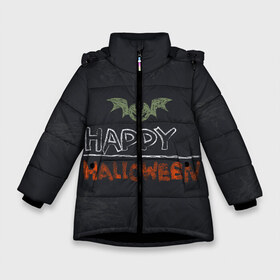 Зимняя куртка для девочек 3D с принтом Bat and Happy Hallowen в Рязани, ткань верха — 100% полиэстер; подклад — 100% полиэстер, утеплитель — 100% полиэстер. | длина ниже бедра, удлиненная спинка, воротник стойка и отстегивающийся капюшон. Есть боковые карманы с листочкой на кнопках, утяжки по низу изделия и внутренний карман на молнии. 

Предусмотрены светоотражающий принт на спинке, радужный светоотражающий элемент на пуллере молнии и на резинке для утяжки. | bat | halloween | hallowen | halowen | helloween | pumpkin | день всех святых | летучая мышь | тыква | халовен | халовин | хеллуин