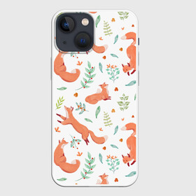 Чехол для iPhone 13 mini с принтом Акварельные лисички в Рязани,  |  | art | autumn | cute | pattern | winter | акварель | арт | арты | бежит | живопись | животные | зима | иллюстрация | лиса | лисица | лисы | милая | нарисованная | осень | охотник | пастель | паттерн | прыгает | пушистая