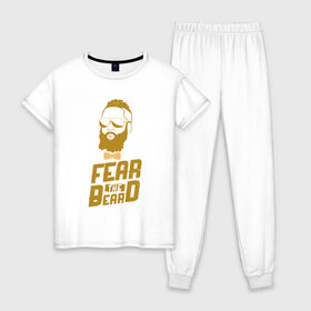 Женская пижама хлопок с принтом Fear The Beard в Рязани, 100% хлопок | брюки и футболка прямого кроя, без карманов, на брюках мягкая резинка на поясе и по низу штанин | basketball | beard | game | harden | houston | james | nba | rockets | sport | баскетбол | борода | джеймс | нба | рокетс | спорт | тренер | харден | хьюстон | чемпион