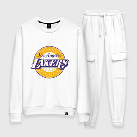 Женский костюм хлопок с принтом Los Angeles Lakers в Рязани, 100% хлопок | на свитшоте круглая горловина, мягкая резинка по низу. Брюки заужены к низу, на них два вида карманов: два 