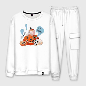 Мужской костюм хлопок с принтом Mishka phantoms and pumpkins в Рязани, 100% хлопок | на свитшоте круглая горловина, мягкая резинка по низу. Брюки заужены к низу, на них два вида карманов: два “обычных” по бокам и два объемных, с клапанами, расположенные ниже линии бедра. Брюки с мягкой трикотажной резинкой на поясе и по низу штанин. В поясе для дополнительного комфорта — широкие завязки | bear | halloween | hallowen | halowen | helloween | mishka | phantom | phantoms | pumpkin | pumpkins | день всех святых | медведь | медвежонок | мишка | приведение | тыква | тыквы | фантомы | халовен | халовин | хеллуин