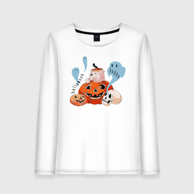 Женский лонгслив хлопок с принтом Mishka phantoms and pumpkins в Рязани, 100% хлопок |  | bear | halloween | hallowen | halowen | helloween | mishka | phantom | phantoms | pumpkin | pumpkins | день всех святых | медведь | медвежонок | мишка | приведение | тыква | тыквы | фантомы | халовен | халовин | хеллуин