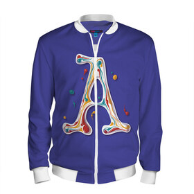 Мужской бомбер 3D с принтом Буква А капли краски леттеринг в Рязани, 100% полиэстер | застегивается на молнию, по бокам два кармана без застежек, по низу бомбера и на воротнике - эластичная резинка | Тематика изображения на принте: calligraphy | character | letter a | lettering | а | белый | брызги | буква | желтый | зеленый | инициал | каллиграфия | капельки | капли | краска | краски | красный | леттеринг | монограмма | надпись