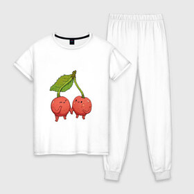 Женская пижама хлопок с принтом Сестрички-вишни в Рязани, 100% хлопок | брюки и футболка прямого кроя, без карманов, на брюках мягкая резинка на поясе и по низу штанин | арт | вишенка | вишенки | вишня | мило | милота | рисунок | свежий продукт | свежий ягода | ягода