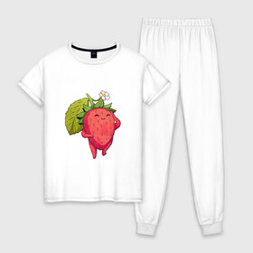 Женская пижама хлопок с принтом Довольная клубника в Рязани, 100% хлопок | брюки и футболка прямого кроя, без карманов, на брюках мягкая резинка на поясе и по низу штанин | арт | белый цветок | белый цветочек | клубника | мило | милота | рисунок | свежая ягода | свежие ягоды | свежий продукт | цветок | цветочек | ягода | ягоды