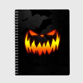 Тетрадь с принтом Pumpkin smile and bats в Рязани, 100% бумага | 48 листов, плотность листов — 60 г/м2, плотность картонной обложки — 250 г/м2. Листы скреплены сбоку удобной пружинной спиралью. Уголки страниц и обложки скругленные. Цвет линий — светло-серый
 | Тематика изображения на принте: 2020 | bat | bats | face | halloween | mask | nightmare | pumpkin | scary | smile | smiling | летучая | лицо | маска | мыши | мышь | привидение | страшная | тыква | улыбка | хэлоуин