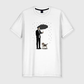 Мужская футболка хлопок Slim с принтом Под дождем в Рязани, 92% хлопок, 8% лайкра | приталенный силуэт, круглый вырез ворота, длина до линии бедра, короткий рукав | beagle | бигль | джон уикместь | дождь | забота | защита животных | зонт | киану ривз | охрана | собака