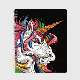 Тетрадь с принтом Evil unicorn в Рязани, 100% бумага | 48 листов, плотность листов — 60 г/м2, плотность картонной обложки — 250 г/м2. Листы скреплены сбоку удобной пружинной спиралью. Уголки страниц и обложки скругленные. Цвет линий — светло-серый
 | Тематика изображения на принте: black | blue | evil | evil unicorn | green yellow | horn | horse | multicolored | pink | red | white | белый | зеленый желтый | зло | злой единорог | конь | красный | лошадь | разноцветный | рог | розовый | синий | черный