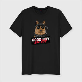Мужская футболка хлопок Slim с принтом Bad Boy в Рязани, 92% хлопок, 8% лайкра | приталенный силуэт, круглый вырез ворота, длина до линии бедра, короткий рукав | animal | dog | good | домашний | животные | звери | крутой | мальчик | милый | надпись | очки | пес | питомец | собака | собакен | табличка | хороший | щенок