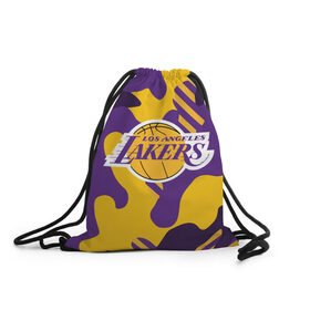 Рюкзак-мешок 3D с принтом LAKERS в Рязани, 100% полиэстер | плотность ткани — 200 г/м2, размер — 35 х 45 см; лямки — толстые шнурки, застежка на шнуровке, без карманов и подкладки | Тематика изображения на принте: 