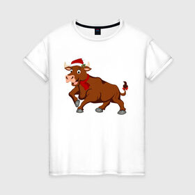 Женская футболка хлопок с принтом Праздничный бык в Рязани, 100% хлопок | прямой крой, круглый вырез горловины, длина до линии бедер, слегка спущенное плечо | 