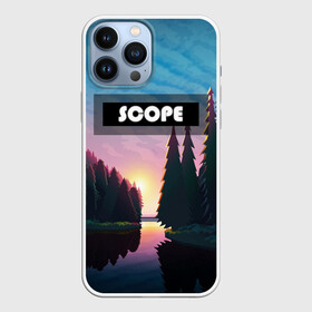 Чехол для iPhone 13 Pro Max с принтом SCOPE в Рязани,  |  | вечернее небо | голубое небо | деревья | закат | лес | неоновая надпись | озеро | река