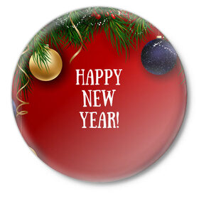 Значок с принтом Happy New Year! в Рязани,  металл | круглая форма, металлическая застежка в виде булавки | Тематика изображения на принте: 