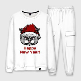 Мужской костюм хлопок с принтом Злой кот Happy New Year! в Рязани, 100% хлопок | на свитшоте круглая горловина, мягкая резинка по низу. Брюки заужены к низу, на них два вида карманов: два “обычных” по бокам и два объемных, с клапанами, расположенные ниже линии бедра. Брюки с мягкой трикотажной резинкой на поясе и по низу штанин. В поясе для дополнительного комфорта — широкие завязки | 