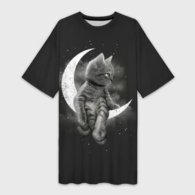 Платье-футболка 3D с принтом Котик на луне в Рязани,  |  | cat | likee | tik tok | астронавт | вселенная | галактика | грозовой кошак | дым | звезда | космос | кот | кот в космосе | кот на луне | котик | кошак | кошечка | кошка | лайки | луна | милый кот | мур | мяу | облако
