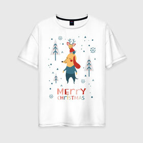 Женская футболка хлопок Oversize с принтом Merry Christmas (Собачки) в Рязани, 100% хлопок | свободный крой, круглый ворот, спущенный рукав, длина до линии бедер
 | 