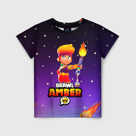 Детская футболка 3D с принтом BRAWL STARS AMBER. в Рязани, 100% гипоаллергенный полиэфир | прямой крой, круглый вырез горловины, длина до линии бедер, чуть спущенное плечо, ткань немного тянется | Тематика изображения на принте: 8 bit | amber | brawl stars | colette | crow | gale | leon | max | mecha | mecha crow | mr.p | sally leon | shark | tara | virus 8 bit | werewolf leon | акула | амбер | берли | бравл старс | ворон | коллет | макс | оборотень