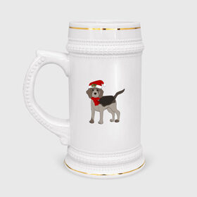 Кружка пивная с принтом Новогодний Бигль в Рязани,  керамика (Материал выдерживает высокую температуру, стоит избегать резкого перепада температур) |  объем 630 мл | Тематика изображения на принте: 2021 | бигль | зима | зимняя собака | милый | нарядная собака | новогодний щенок | новый год | подарок | собака | собака в шапке | шарф | щенок | щенок с шарфом