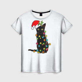 Женская футболка 3D с принтом Новогодний кот в Рязани, 100% полиэфир ( синтетическое хлопкоподобное полотно) | прямой крой, круглый вырез горловины, длина до линии бедер | Тематика изображения на принте: 2021 | белка | гирлянда | год быка | дед мороз | елка | енот | кот | котик | лиса | маска | неон | новогодний кот | новогодняя | новый год | олень | праздник | радуга | рождество | с новым годом | санта
