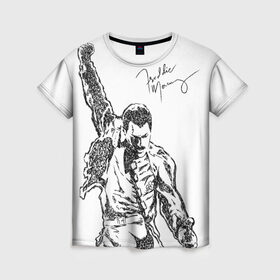 Женская футболка 3D с принтом Freddie Mercury в Рязани, 100% полиэфир ( синтетическое хлопкоподобное полотно) | прямой крой, круглый вырез горловины, длина до линии бедер | Тематика изображения на принте: freddie mercury | queen | автограф | квин | фредди меркьюри