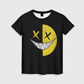 Женская футболка 3D с принтом SMILE в Рязани, 100% полиэфир ( синтетическое хлопкоподобное полотно) | прямой крой, круглый вырез горловины, длина до линии бедер | глаза крестики | злой смайл | зубы | контраст | смайл | эмоция