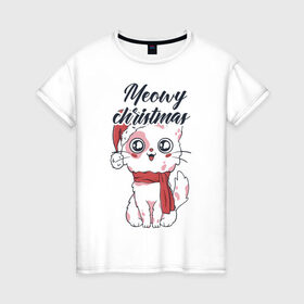 Женская футболка хлопок с принтом Рождественский котик в Рязани, 100% хлопок | прямой крой, круглый вырез горловины, длина до линии бедер, слегка спущенное плечо | 