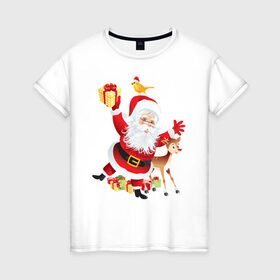 Женская футболка хлопок с принтом Санта Клаус с подарками в Рязани, 100% хлопок | прямой крой, круглый вырез горловины, длина до линии бедер, слегка спущенное плечо | 