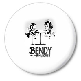 Значок с принтом Bendy And The Ink Machine в Рязани,  металл | круглая форма, металлическая застежка в виде булавки | bendy | bendy and the ink machine | бенди | бени | бенни | бэнди | детская | детям | игра | капли | компьютерная игра | краска | машина | подтеки | ужастик | чернила | чернильная