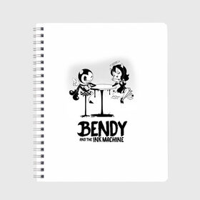 Тетрадь с принтом Bendy And The Ink Machine в Рязани, 100% бумага | 48 листов, плотность листов — 60 г/м2, плотность картонной обложки — 250 г/м2. Листы скреплены сбоку удобной пружинной спиралью. Уголки страниц и обложки скругленные. Цвет линий — светло-серый
 | bendy | bendy and the ink machine | бенди | бени | бенни | бэнди | детская | детям | игра | капли | компьютерная игра | краска | машина | подтеки | ужастик | чернила | чернильная