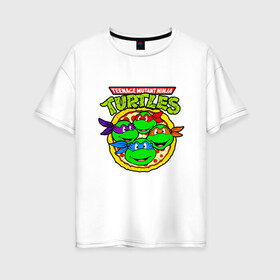 Женская футболка хлопок Oversize с принтом Ninja Turtles в Рязани, 100% хлопок | свободный крой, круглый ворот, спущенный рукав, длина до линии бедер
 | donatello | leonardo | michelangelo | ninja | pizza | raphael | turtles | воин | донателло | животные | карате | комикс | комиксы | леонардо | микеланджело | мультфильм | мутант | мутанты | ниндзя | пицца | рафаэль | сплинтер