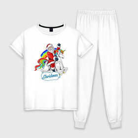 Женская пижама хлопок с принтом Santa Claus Rides в Рязани, 100% хлопок | брюки и футболка прямого кроя, без карманов, на брюках мягкая резинка на поясе и по низу штанин | 