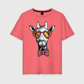 Женская футболка хлопок Oversize с принтом Жираф хипстер в Рязани, 100% хлопок | свободный крой, круглый ворот, спущенный рукав, длина до линии бедер
 | butterfly | cool | ears | eyes | fashion | giraffe | hipster | horns | hype | muzzle | бабочка | глаза | жираф | круто | очки | рога | уши