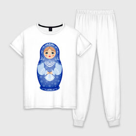 Женская пижама хлопок с принтом Матрешка Снегурка Гжель в Рязани, 100% хлопок | брюки и футболка прямого кроя, без карманов, на брюках мягкая резинка на поясе и по низу штанин | 