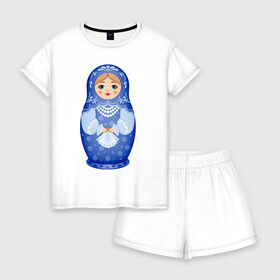 Женская пижама с шортиками хлопок с принтом Матрешка Снегурка Гжель в Рязани, 100% хлопок | футболка прямого кроя, шорты свободные с широкой мягкой резинкой | 