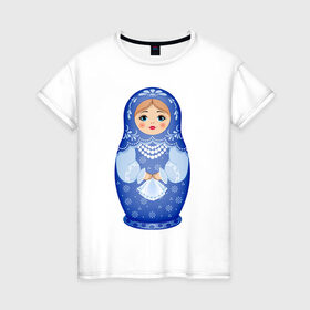 Женская футболка хлопок с принтом Матрешка Снегурка Гжель в Рязани, 100% хлопок | прямой крой, круглый вырез горловины, длина до линии бедер, слегка спущенное плечо | 