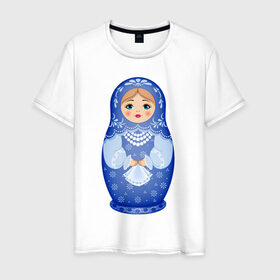 Мужская футболка хлопок с принтом Матрешка Снегурка Гжель в Рязани, 100% хлопок | прямой крой, круглый вырез горловины, длина до линии бедер, слегка спущенное плечо. | 