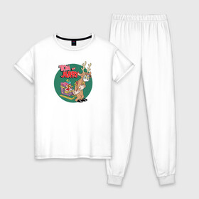 Женская пижама хлопок с принтом Tom and Jerry в Рязани, 100% хлопок | брюки и футболка прямого кроя, без карманов, на брюках мягкая резинка на поясе и по низу штанин | tom and jerry | vdkimel | warner bros | новый год | олень | подарки | сани | санта клаус | том и джерри